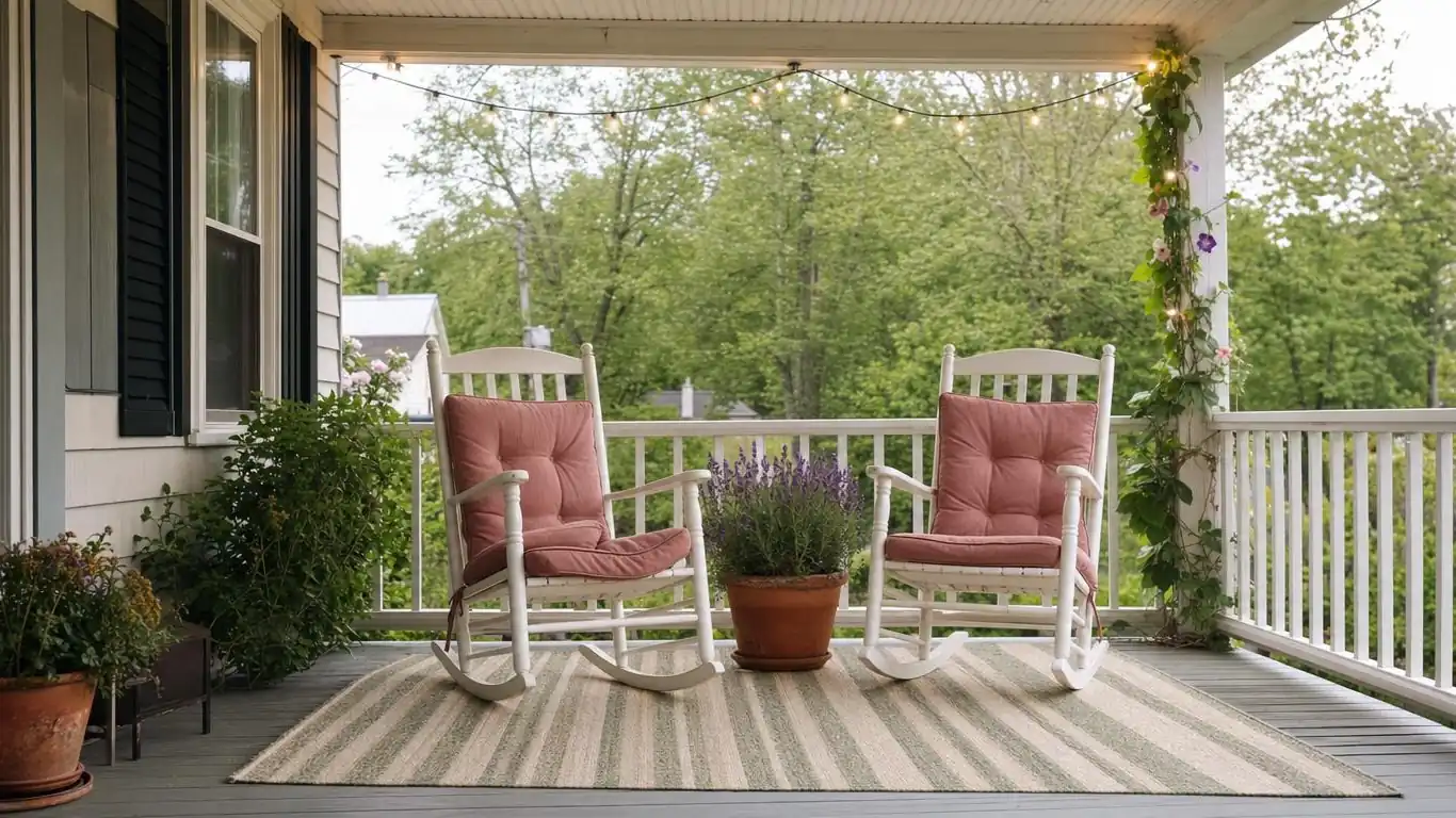 Cream and sage flatweave outdoor rug under two rocking chairs with spring cushions on a front porch
