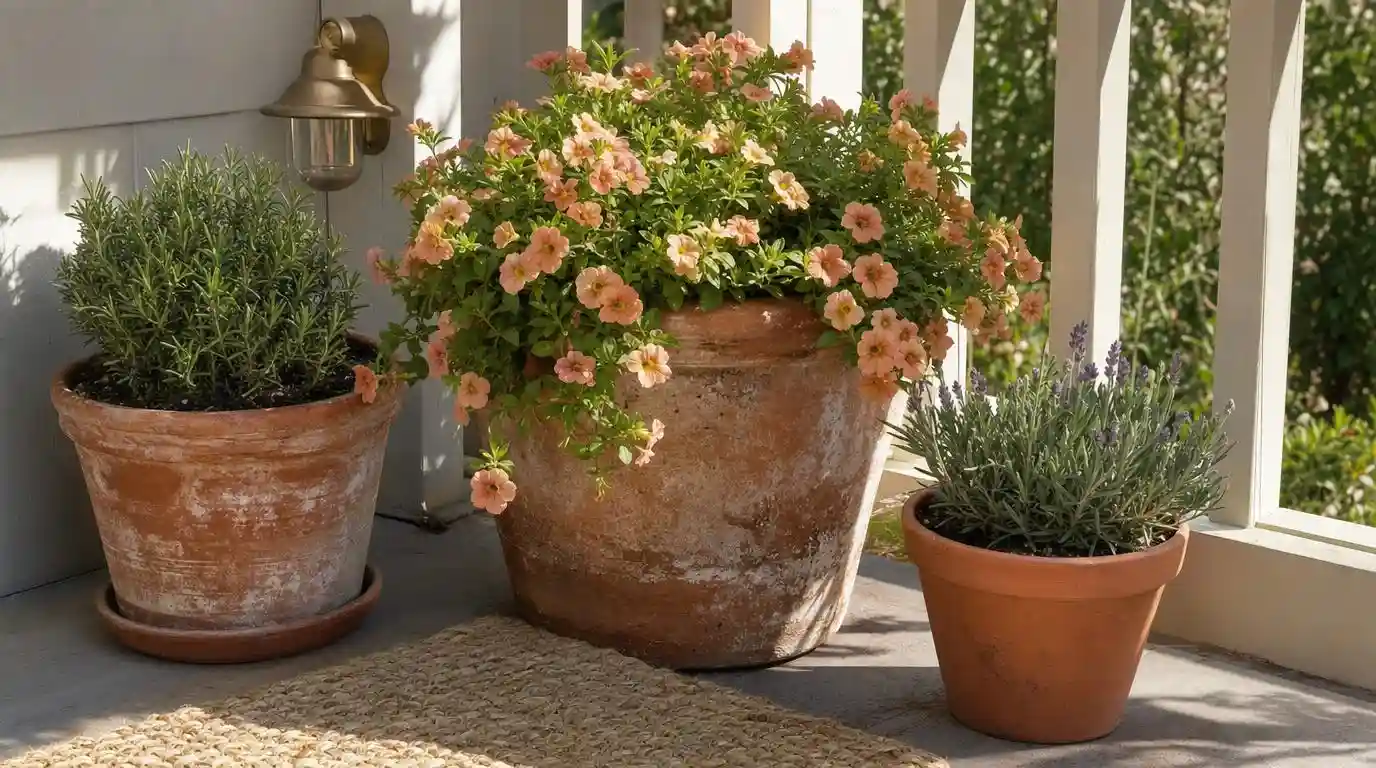 Spring porch planter arrangement with calibrachoa, ferns, and lavender in wide terracotta pots