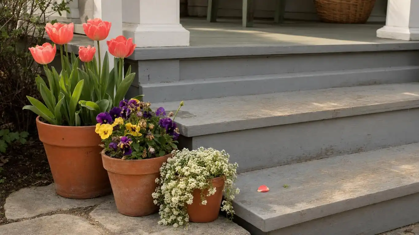 Grouped terracotta planters with pansies tulips and trailing ivy arranged in threes on a covered front porch step