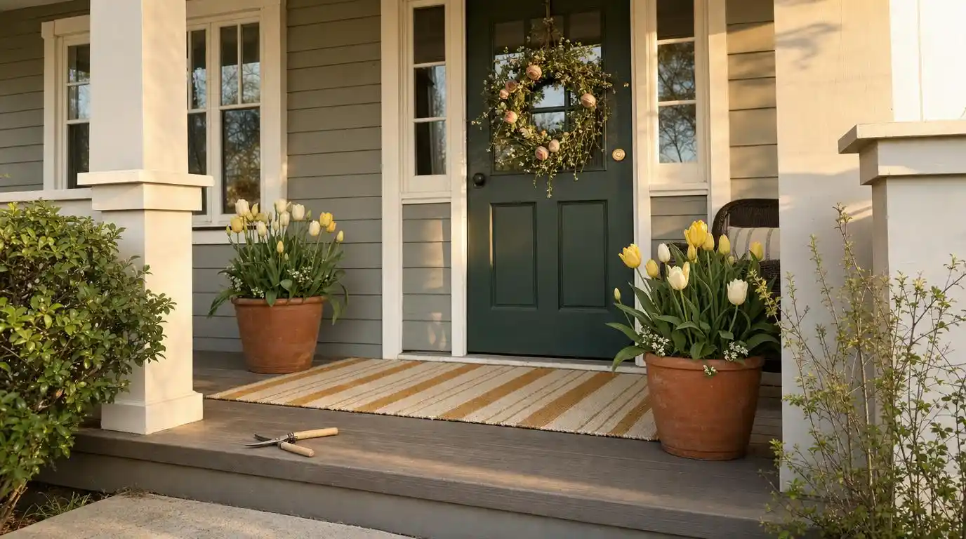 April front porch refresh with tulip planters, wreath, and stripe outdoor rug in soft cream and ochre