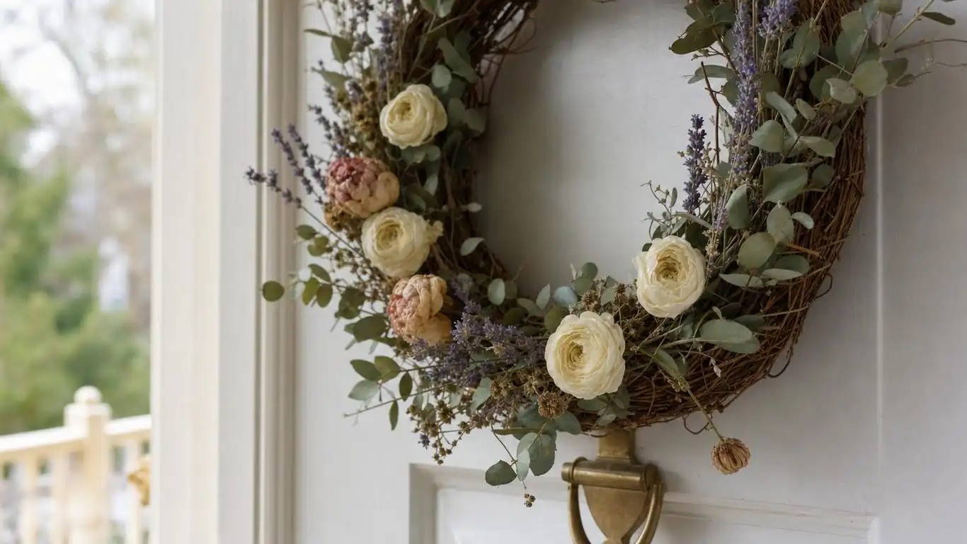 Close-up of a spring front door wreath in dried ranunculus and eucalyptus with blush and cream tones on a white painted door