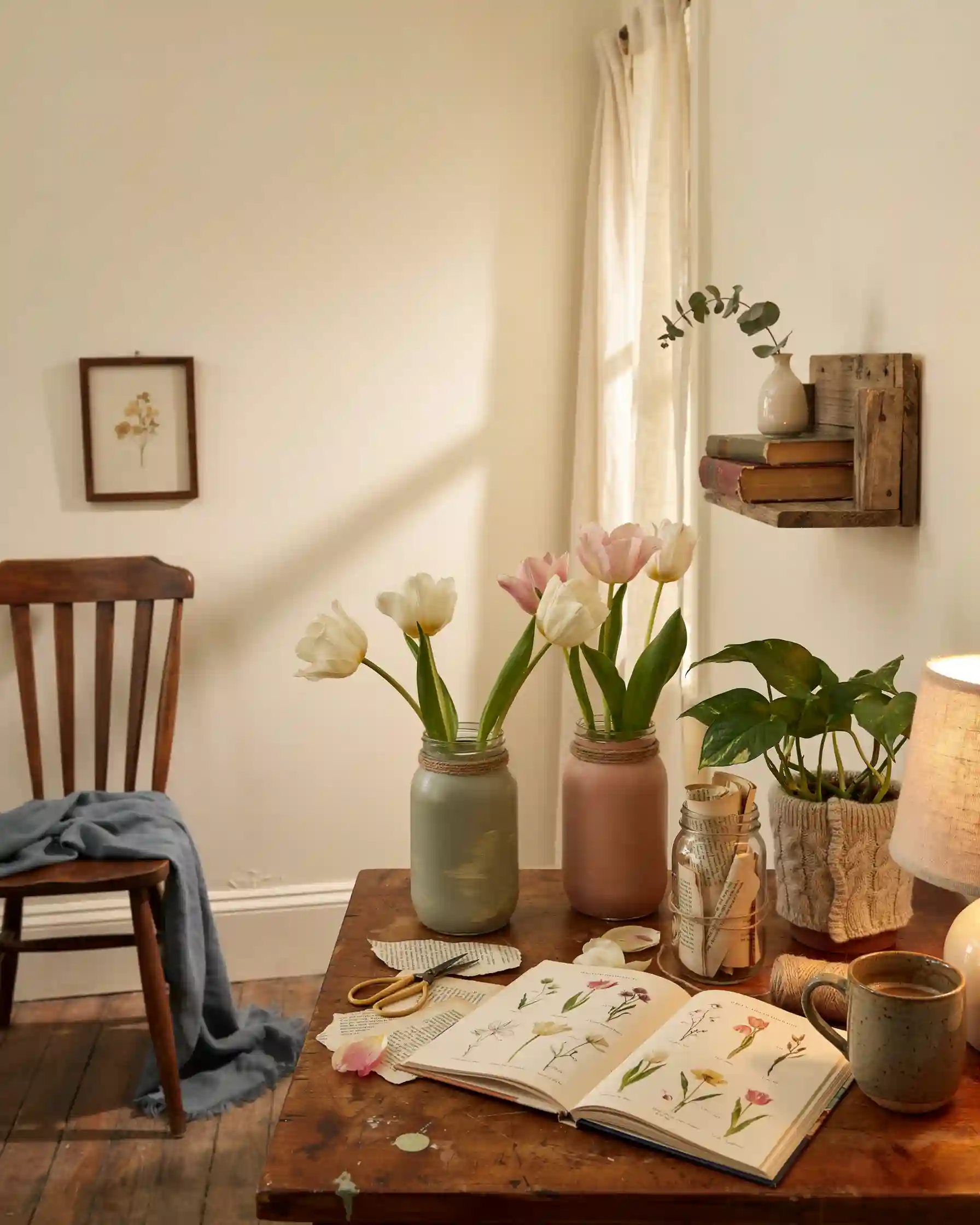 Cozy corner of finished spring upcycling crafts including painted jars, plants, and paper flowers