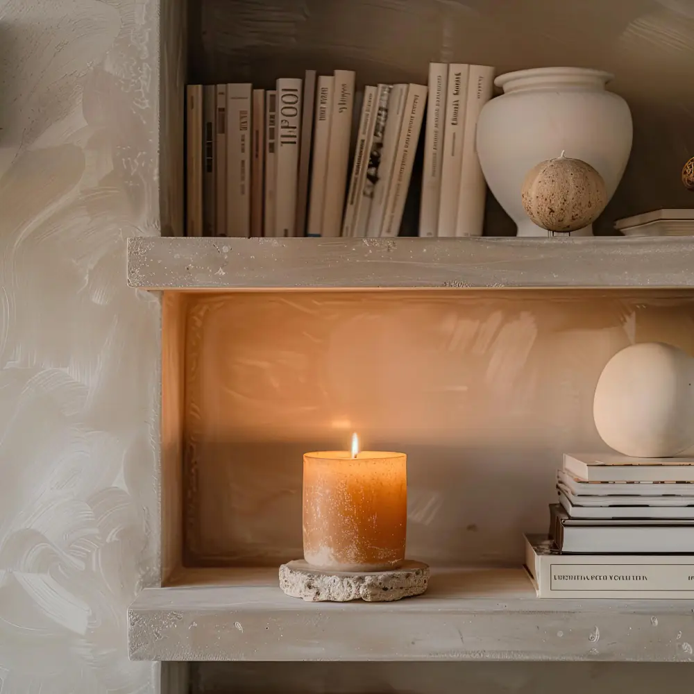 Nightstand decor ideas with stacked hardcover books, a brass catch-all tray, candle, and a small framed photo layered by height
