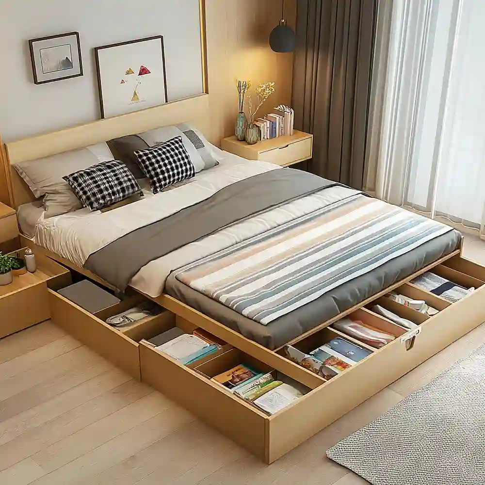 Oak platform bed with built-in side drawers pulled out holding neatly folded clothes