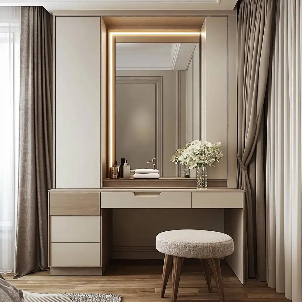 Upholstered storage bench at the foot of the bed with woven baskets keeping the bedroom clutter hidden