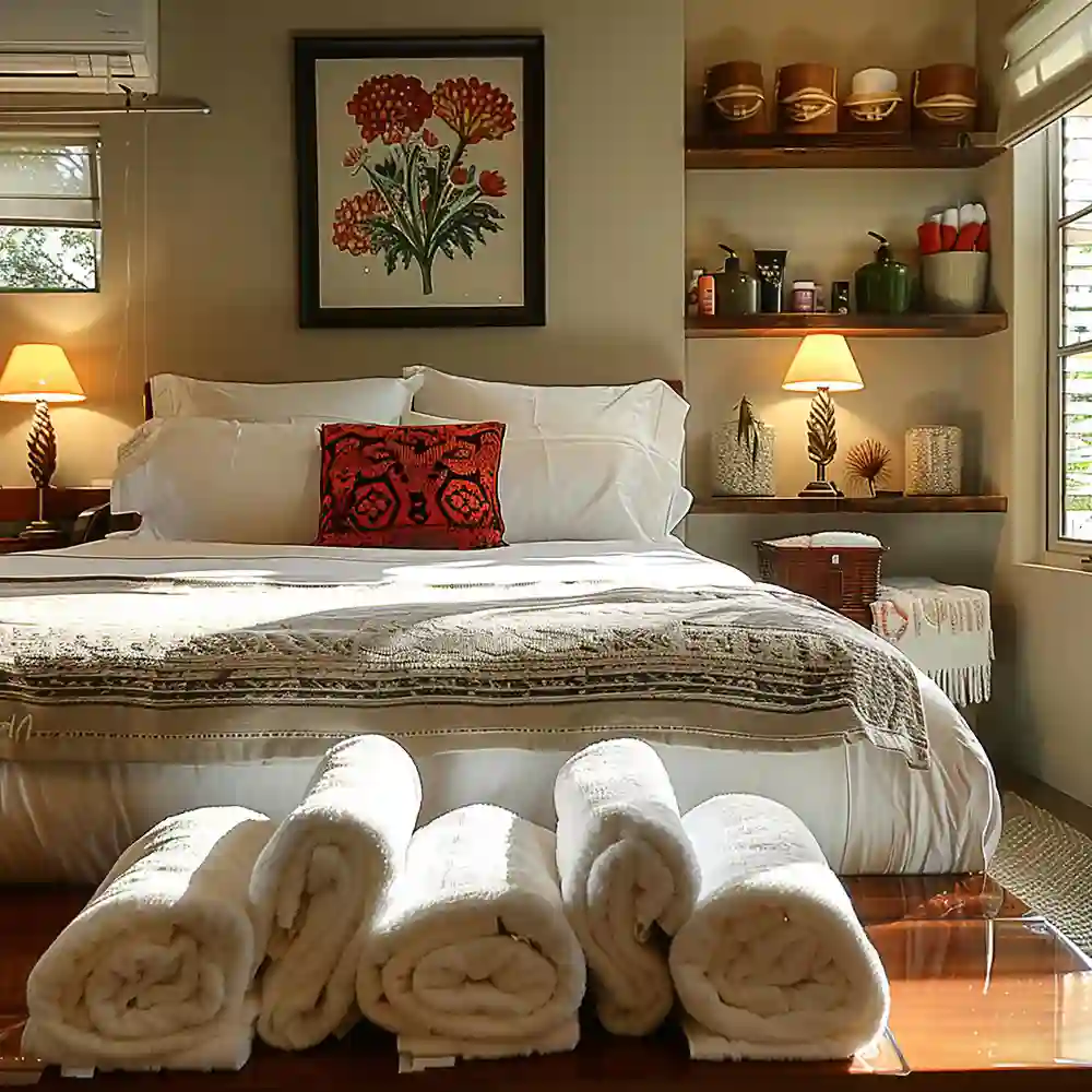 Upholstered linen storage bench at the foot of a bed with a folded throw draped over one corner