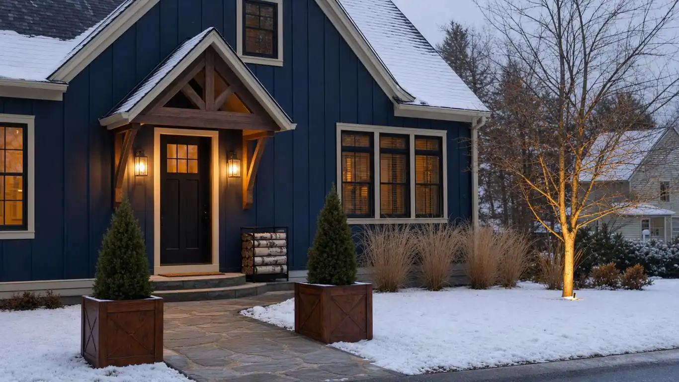 Suburban home with dark charcoal siding, black front door, pine wreath, and birch log bundle achieving cabin exterior aesthetic