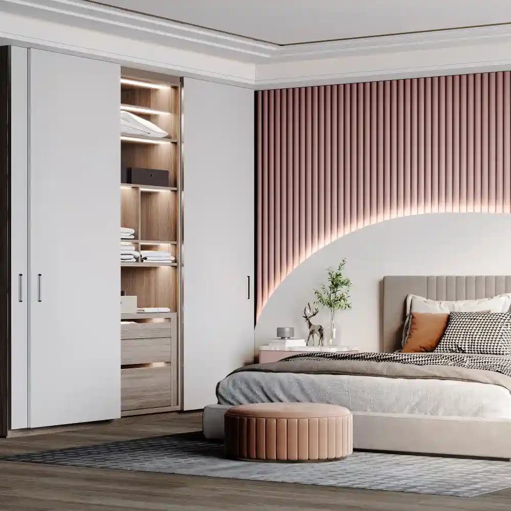 Tall slim closed-front cabinet in a bedroom corner matching the bed frame finish