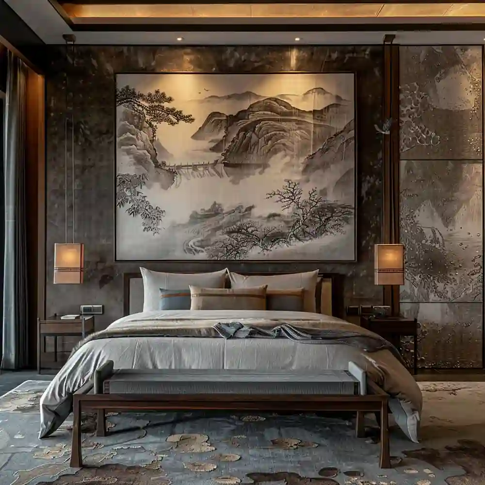 Tall upholstered headboard with oversized framed art above the bed as a clear focal point