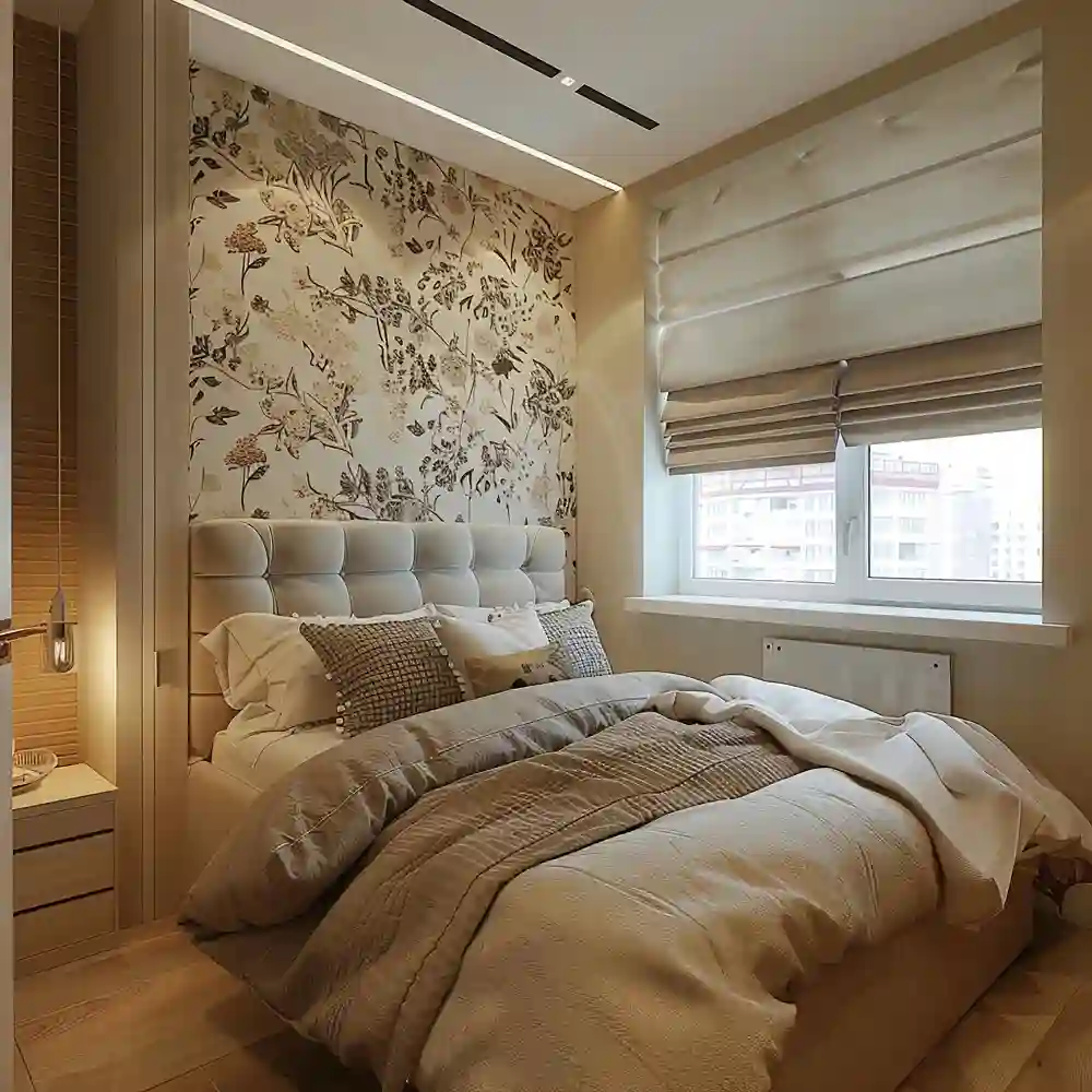 Tall upholstered oat linen headboard filling the wall behind a layered bed in a cozy master bedroom