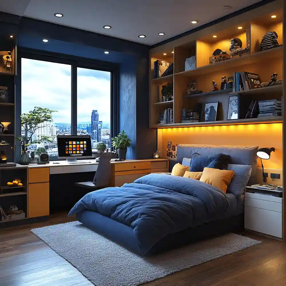 Teen boy bedroom with slate blue walls, sturdy platform bed, adult-height desk, and wall pegboard