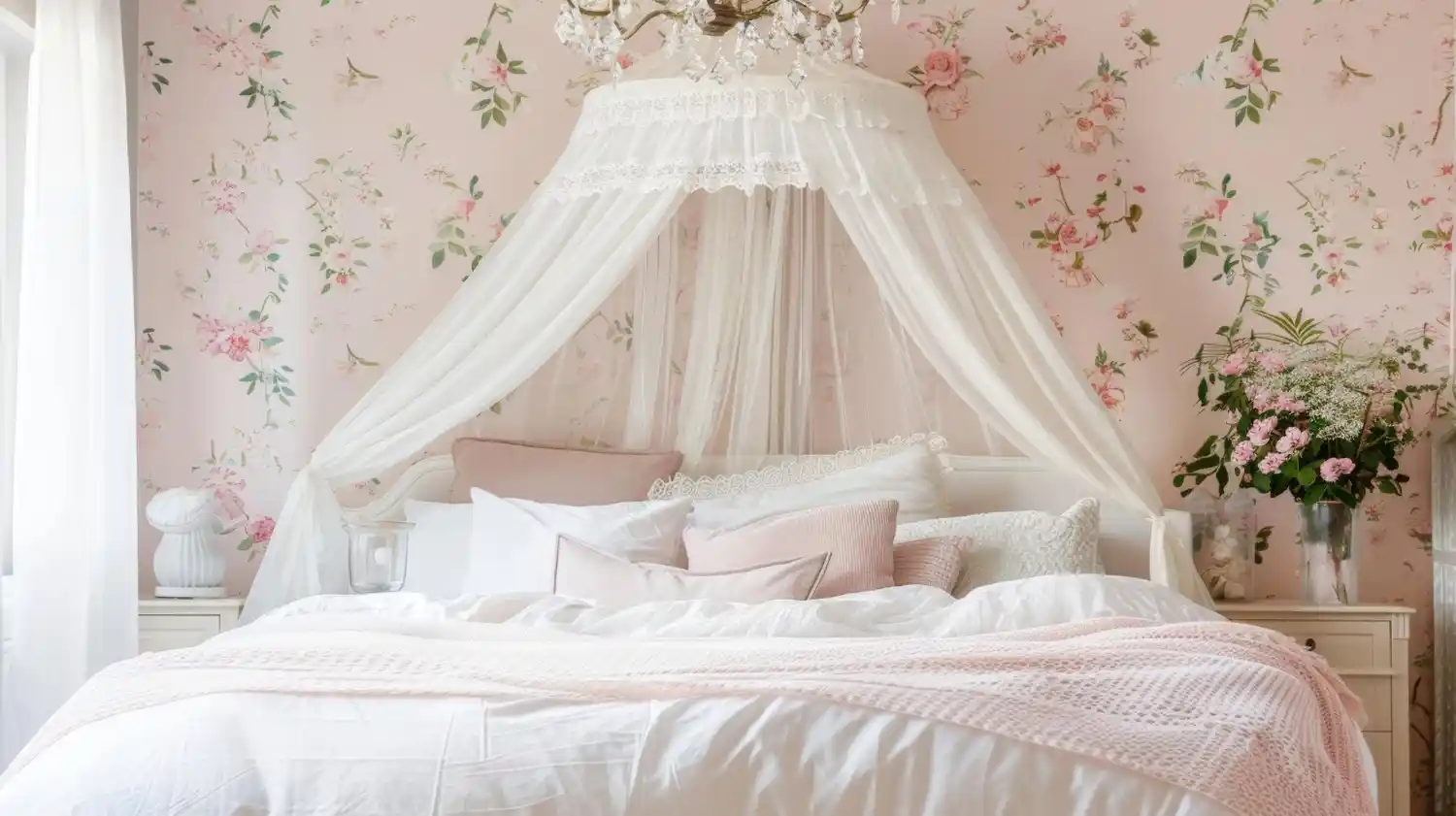 Warm layered teen bedroom with a canopy bed, warm fairy lights, soft cream and sage palette, and sheer curtains