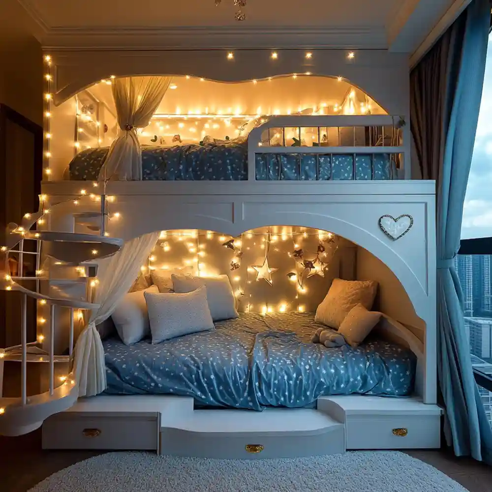 Teen girl bedroom ideas by room with warm base, small vanity, gallery wall, and warm LED string lighting