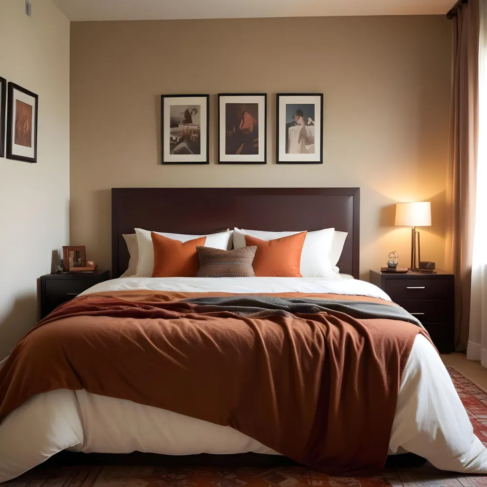 Single terracotta accent wall behind an upholstered cream linen headboard in a modern bedroom