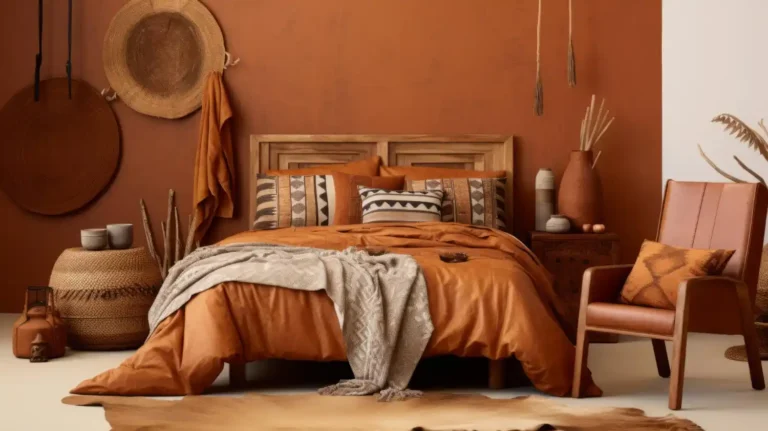 Warm terracotta bedroom with cream linen bedding, oak nightstands, and brushed brass wall sconces