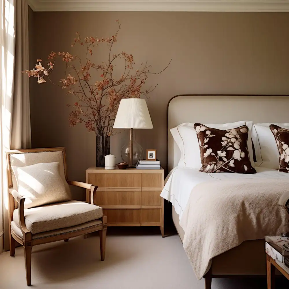 Terracotta bedroom wall with warm cream painted trim, ceiling-height linen curtains, and a cream upholstered bed