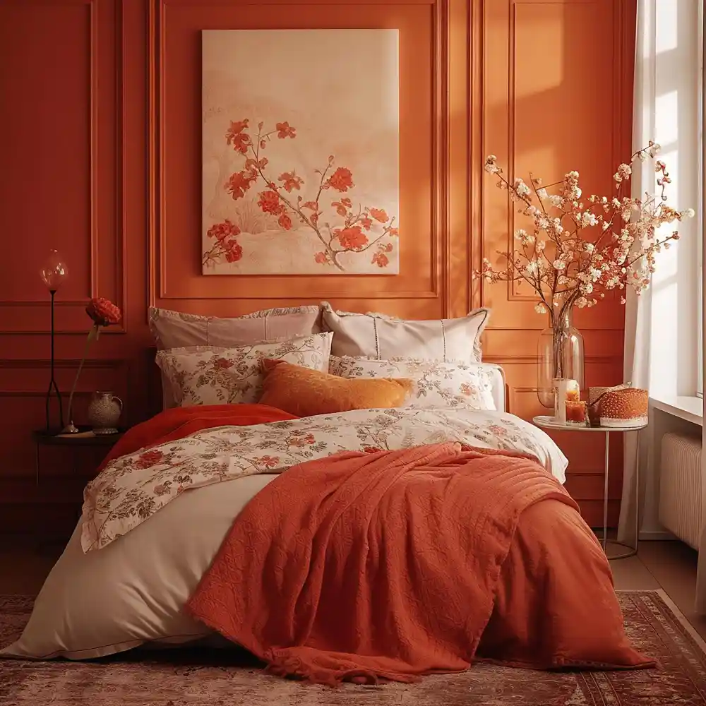 Fully color-drenched terracotta bedroom with walls, ceiling, and trim painted in matching warm clay tones