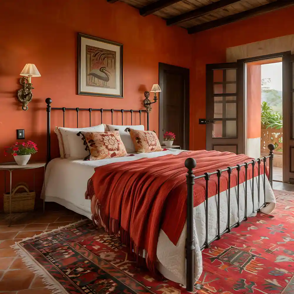 Terracotta accent wall with a navy upholstered headboard, cream bedding, and brushed brass sconce lighting