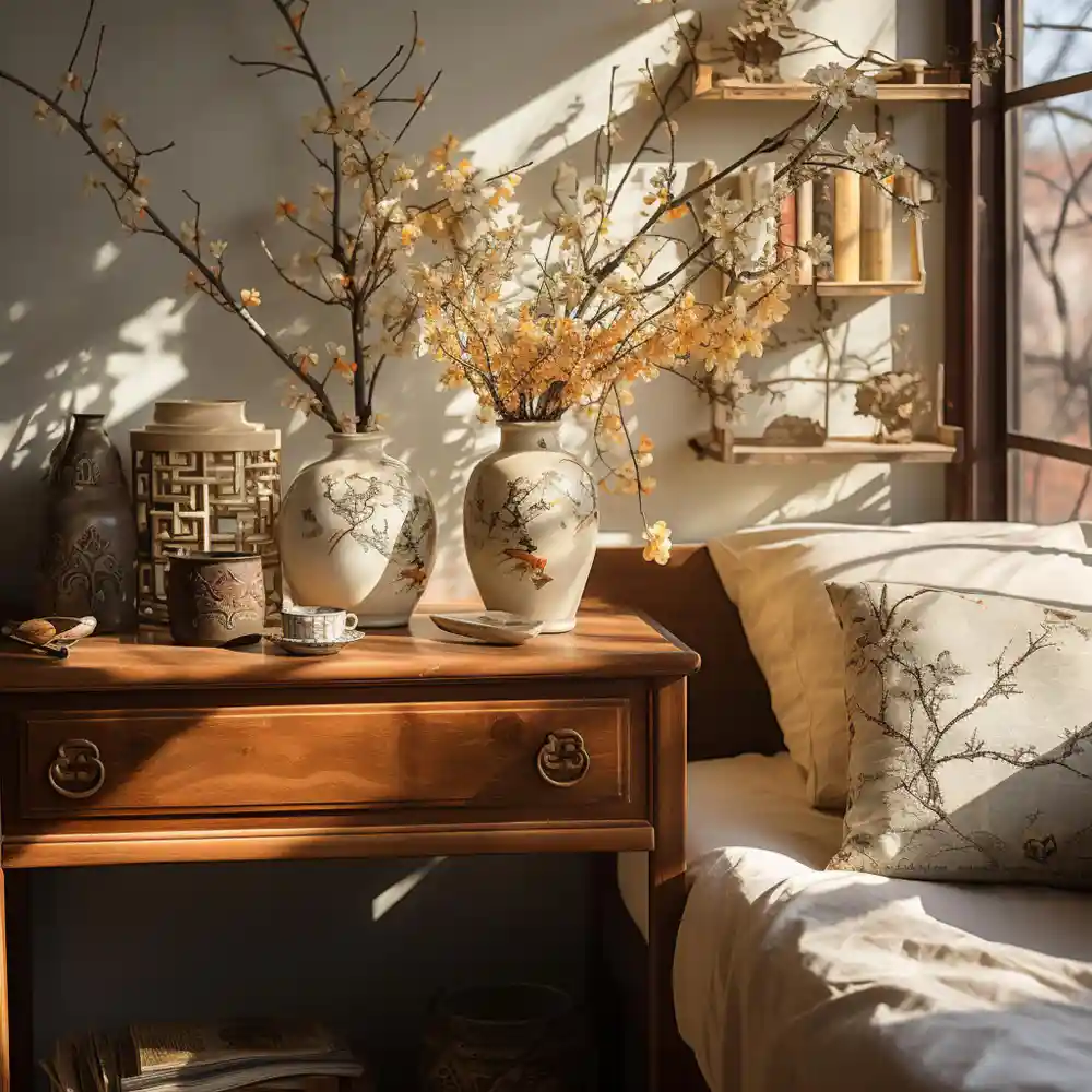 Cluster of unglazed terracotta pottery vessels and ceramics arranged on a styled bedroom nightstand