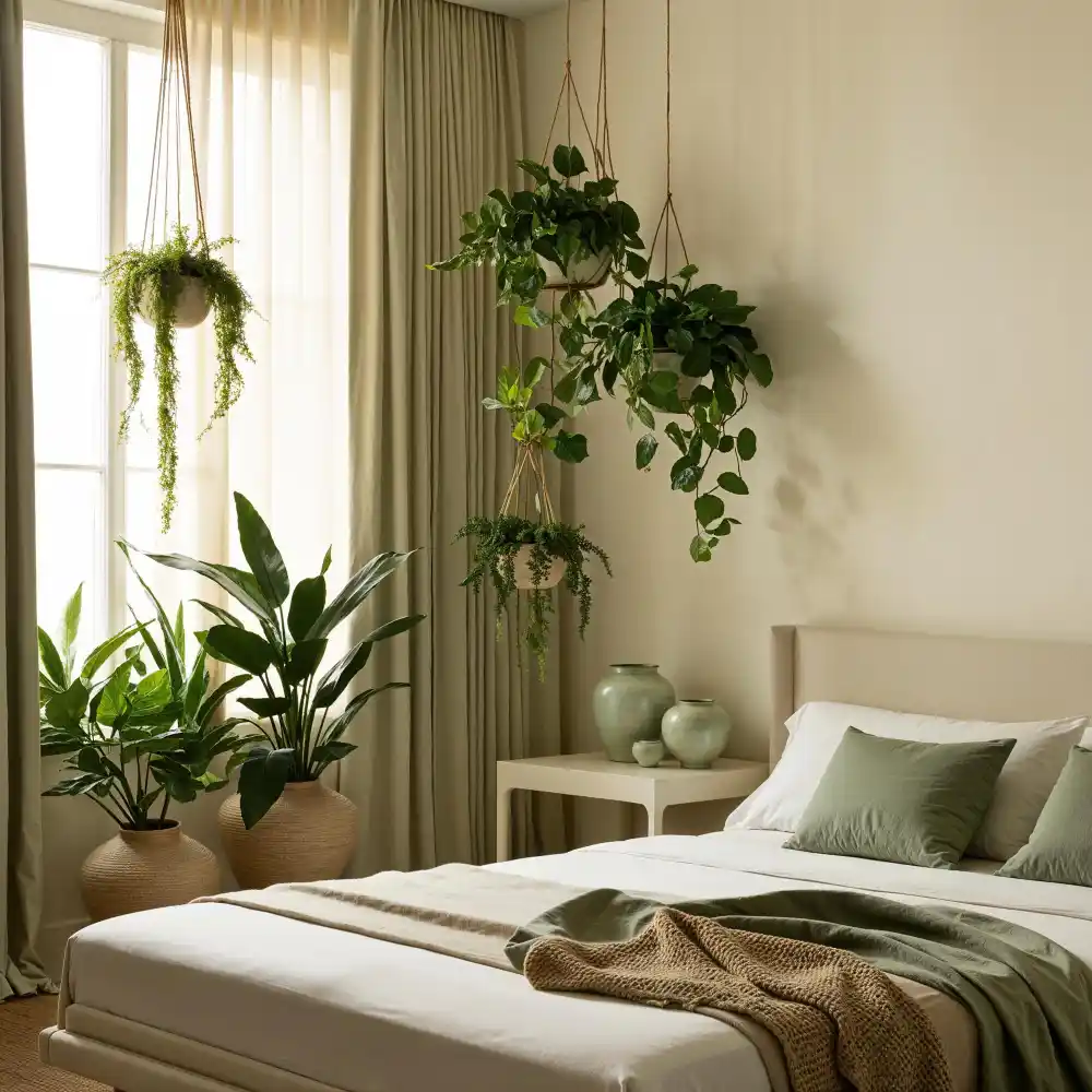 Terracotta bedroom wall paired with sage green accents, cream linen bedding, and warm oak furniture pieces