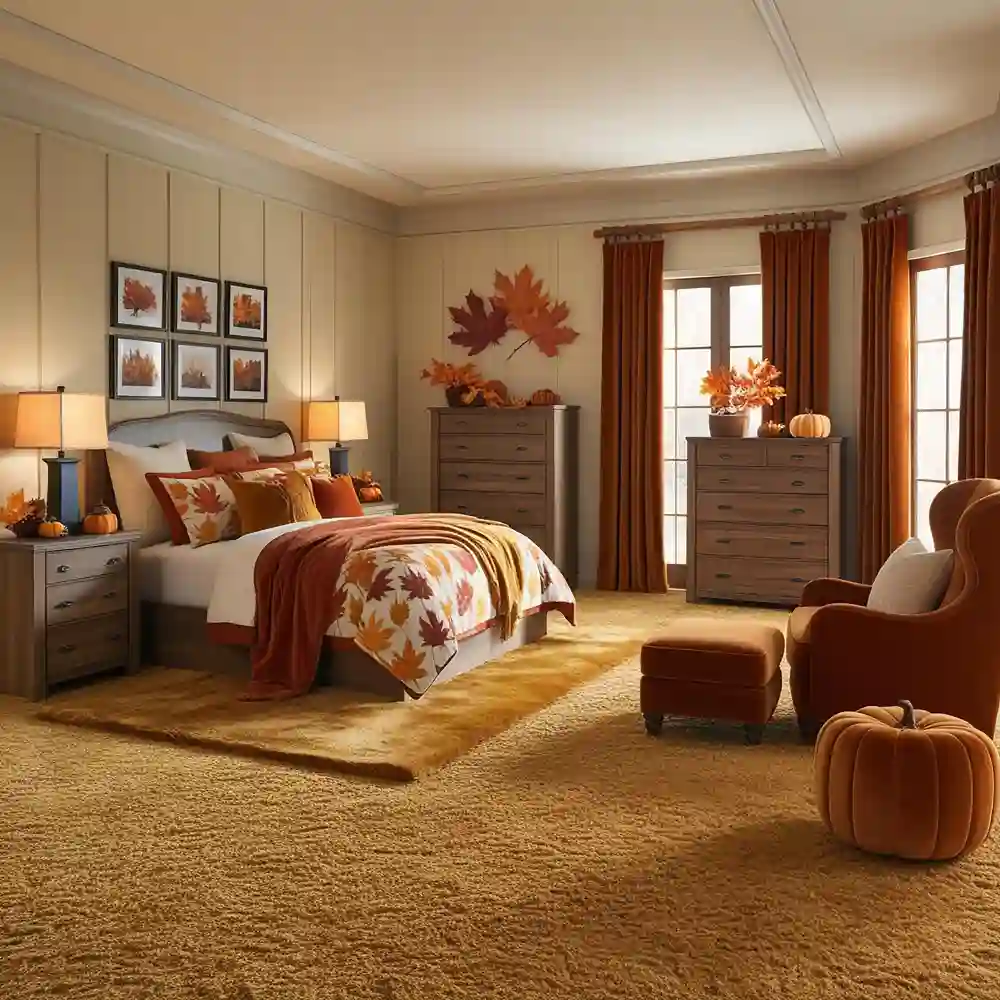 Warm earthy bedroom with terracotta accent wall, cream bedding, jute rug, and oak furniture under warm light