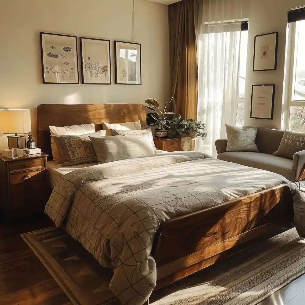 Terracotta bedroom featuring a natural oak bed frame, walnut nightstands, and cream linen bedding