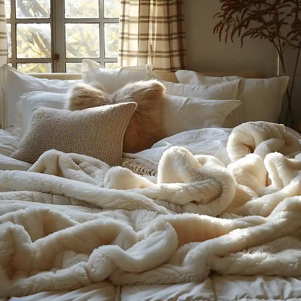Knit throw blanket folded off-center across the foot of a neutral bed with a chunky woven texture