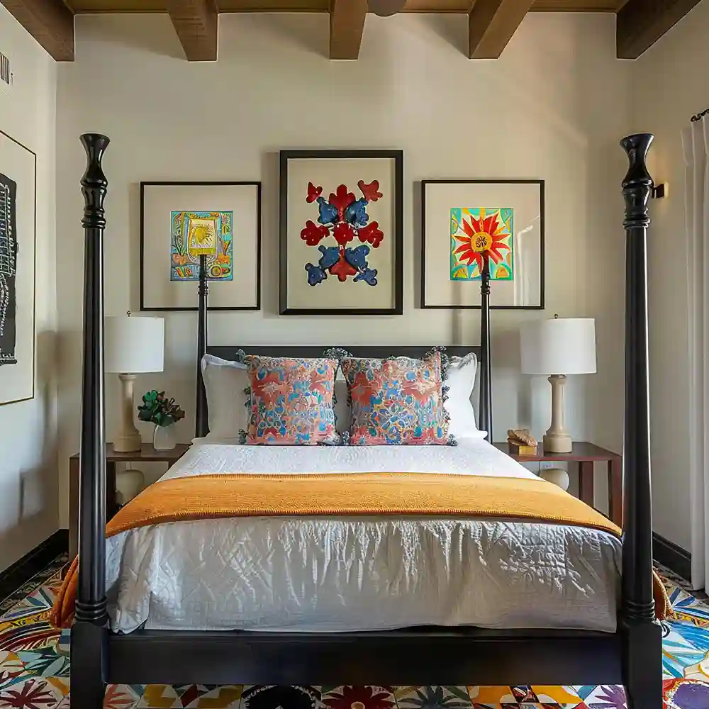 Tight grid gallery wall of framed prints centered above a bed with even spacing and mixed frame sizes=