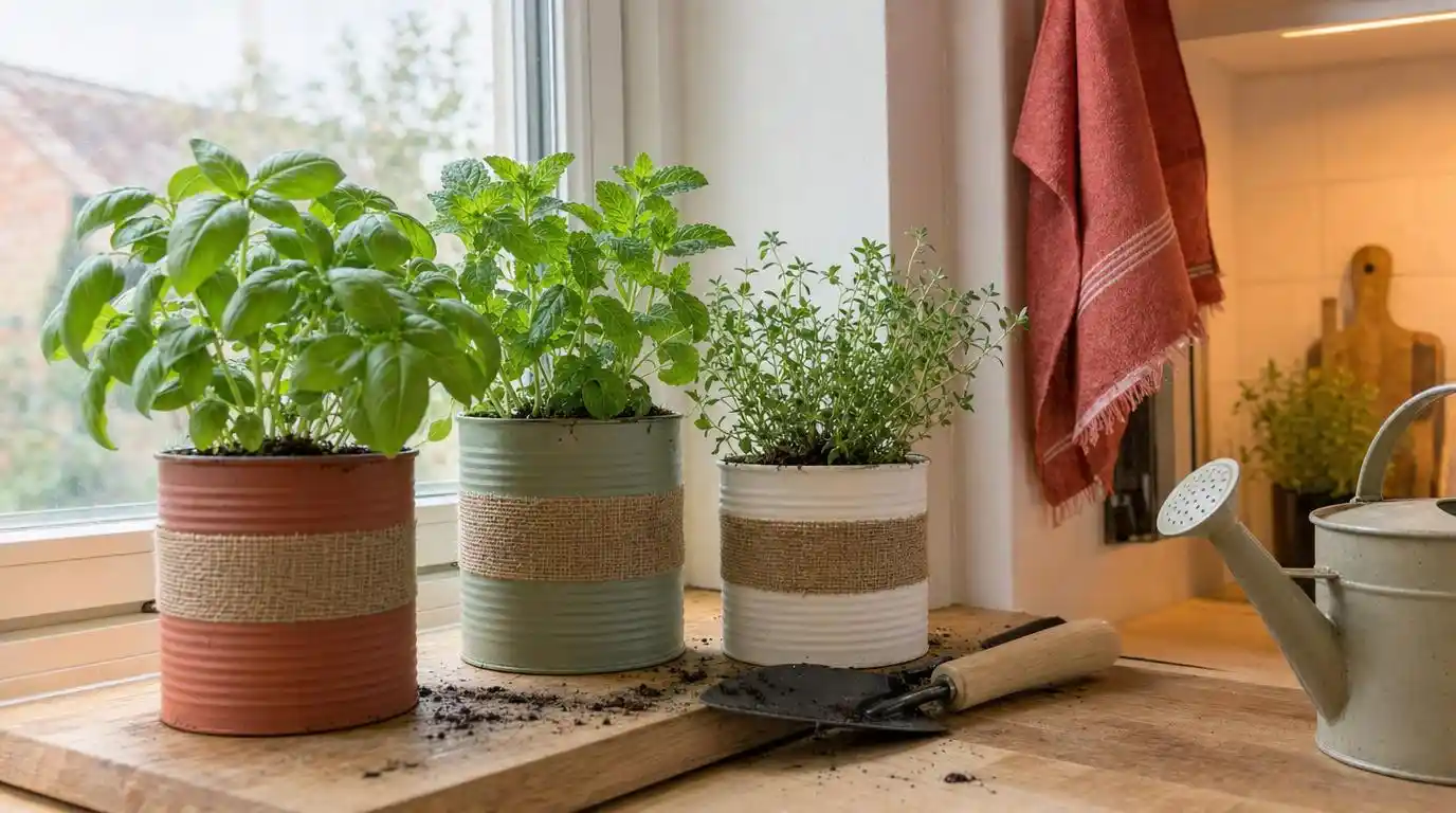 Three painted tin can planters with herbs on a kitchen windowsill as spring upcycling crafts