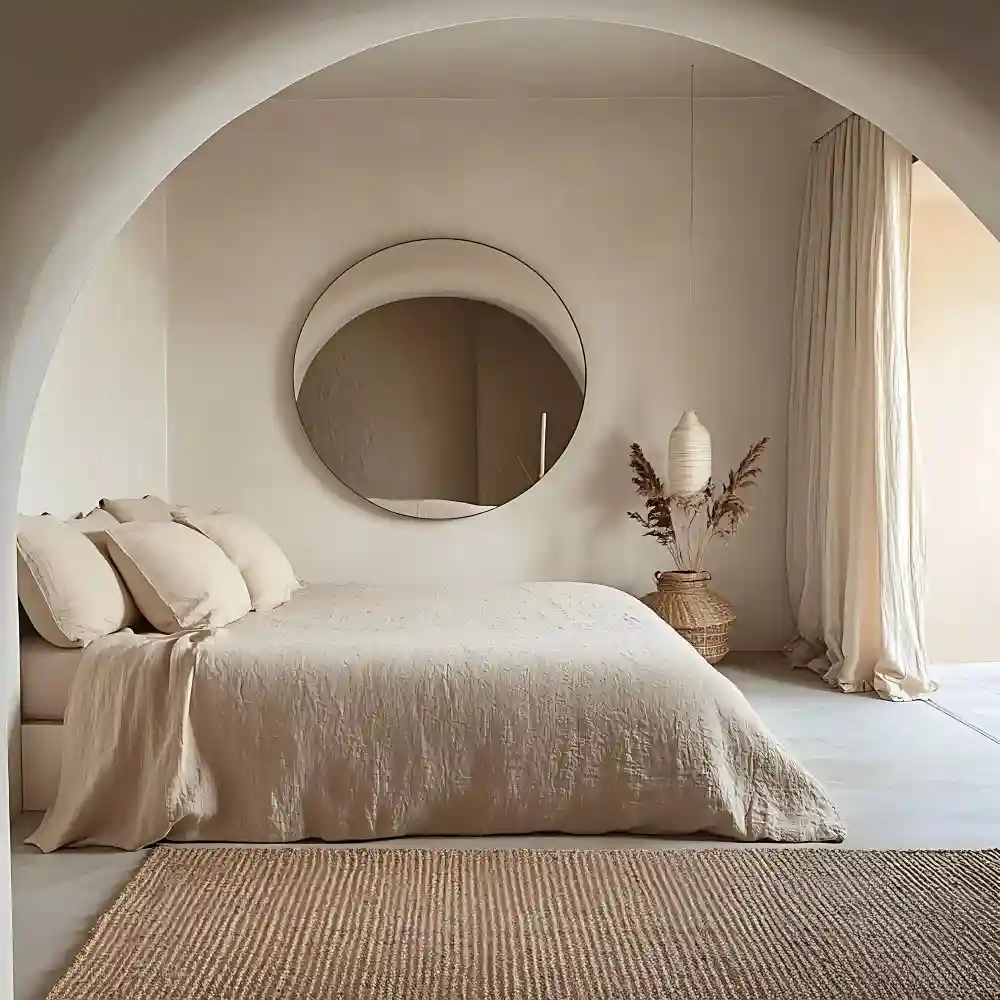 Tone-on-tone bedroom layering pale cream walls, oatmeal headboard, and a deep camel throw