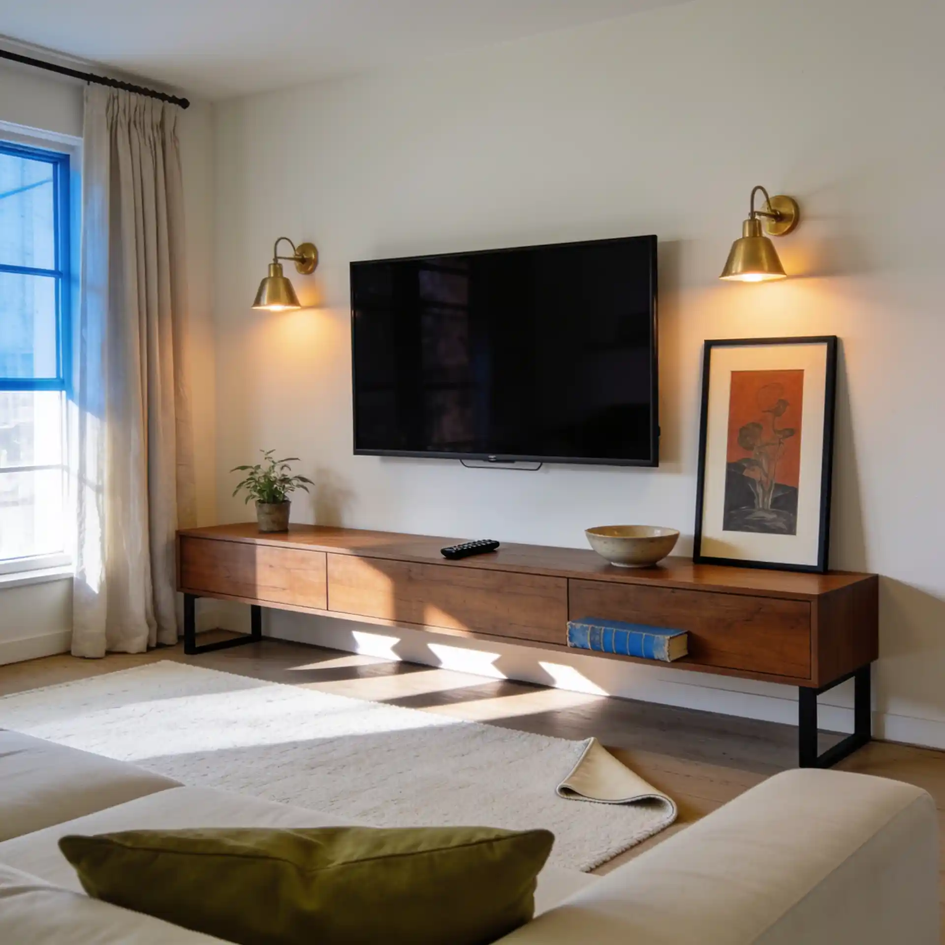 Styled living room TV wall with low media console, sconces, art, plants, and warm wood