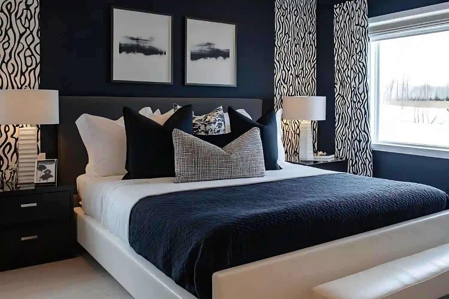Calm bedroom in a navy and cream two-color scheme with cream bedding, navy headboard, and warm brass lamps