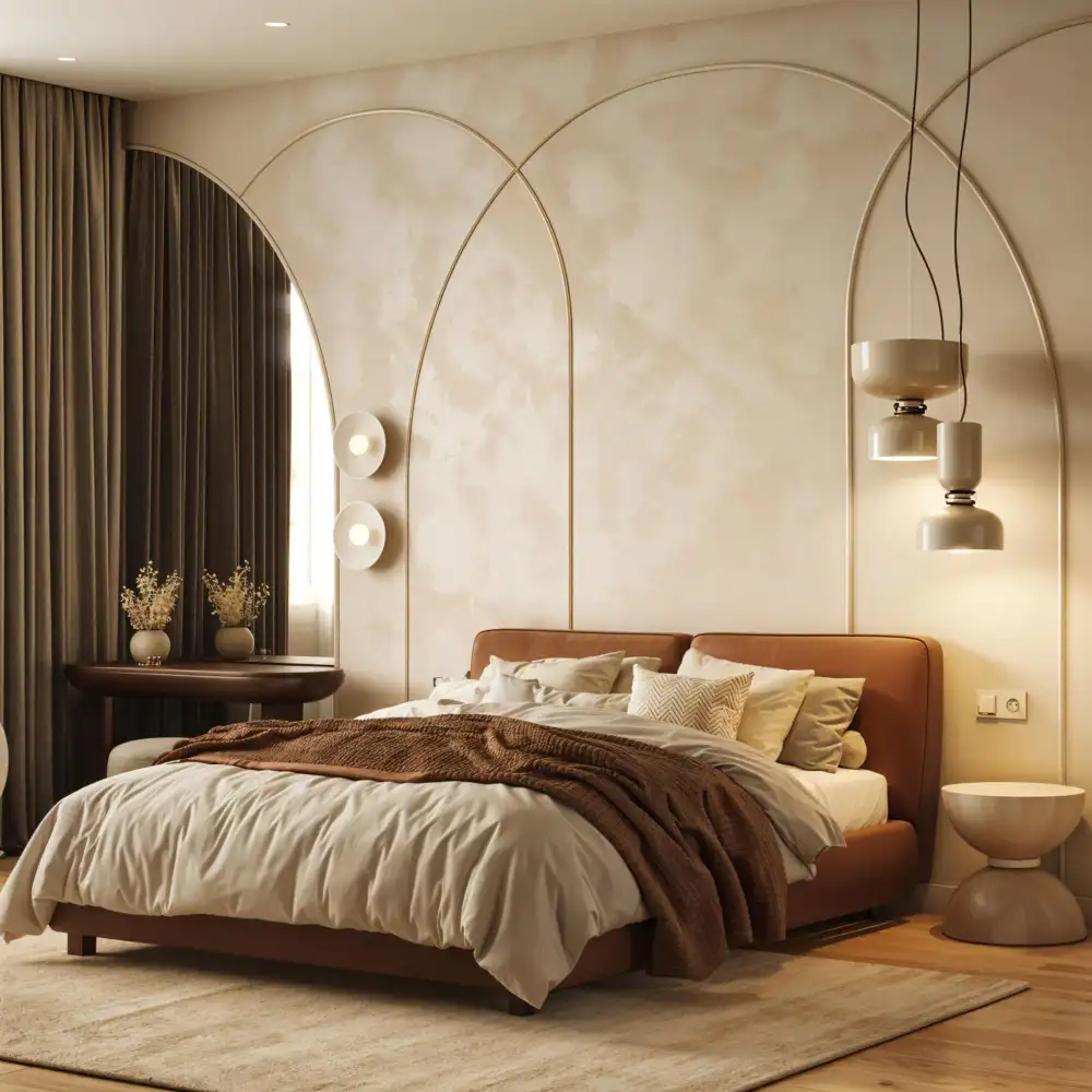 Bedroom with warm beige walls and a cream duvet showing a soft step in tone between wall and bed