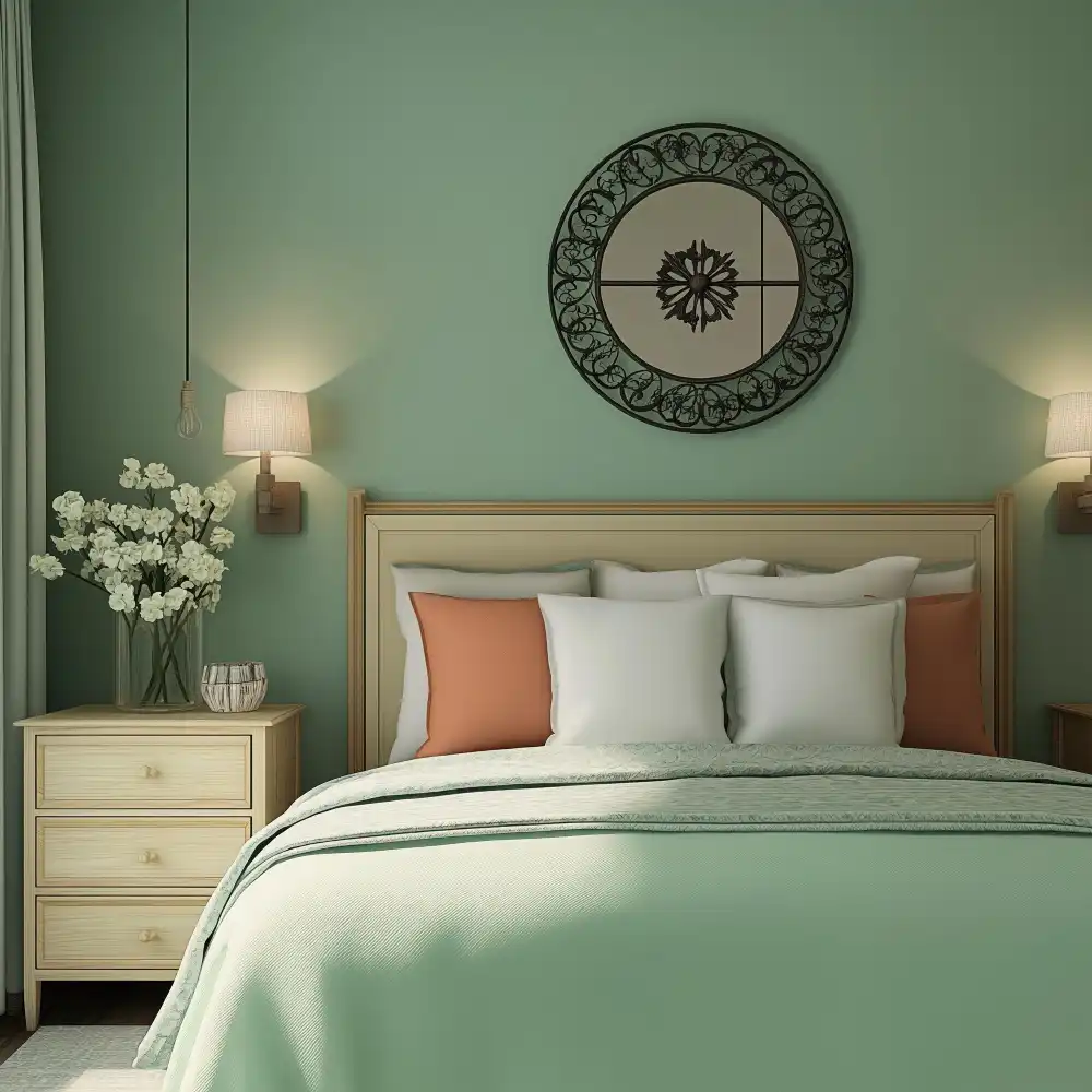 Two-tone bedroom accent wall with warm greige on top and deep sage below, meeting at headboard height