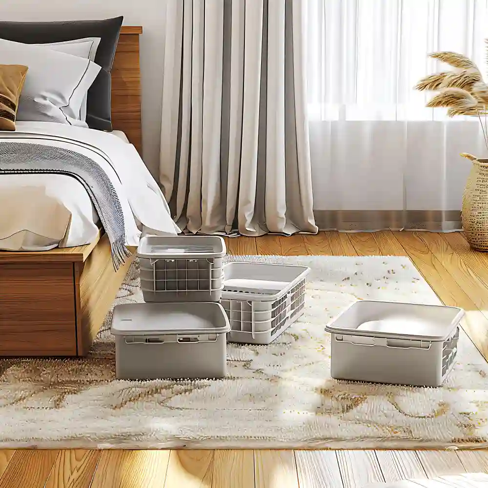 Flat lidded rolling bins sliding under a low platform bed to store off-season clothes