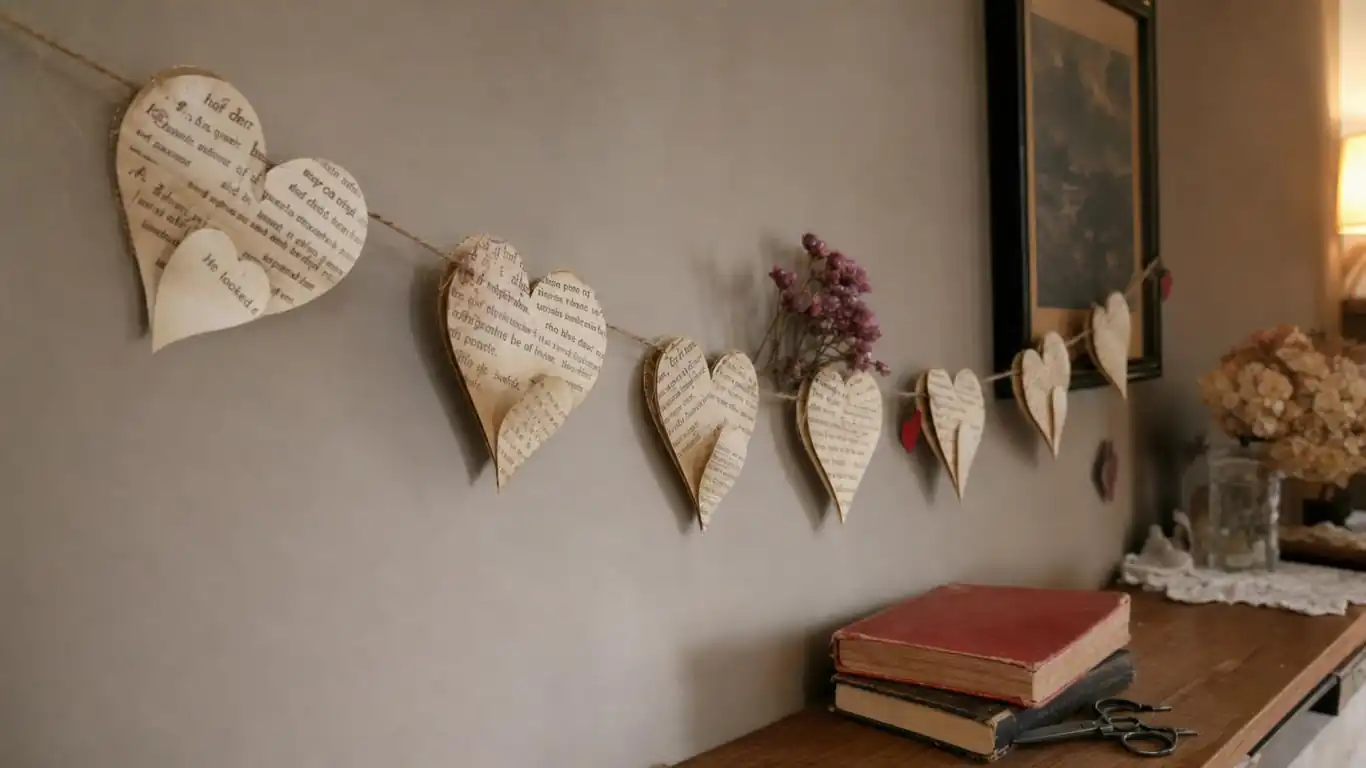 Book page heart garland strung across a mantel with aged cream paper hearts for Valentine's