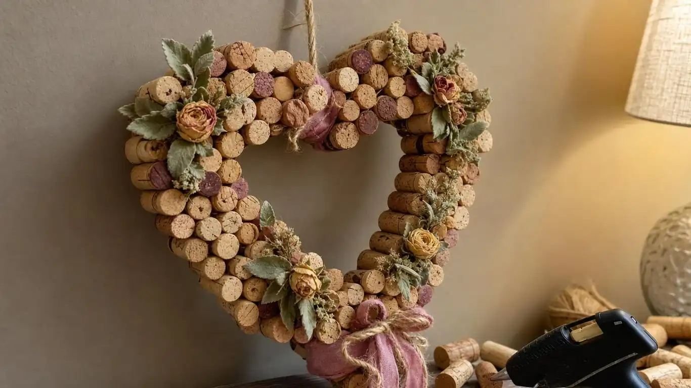 Wine cork heart wreath with dried flowers and ribbon as an upcycled Valentine's decoration