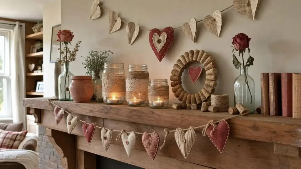 Upcycled Valentines Day decorations on a mantel with jar lanterns, book-page garland, and a cork heart wreath