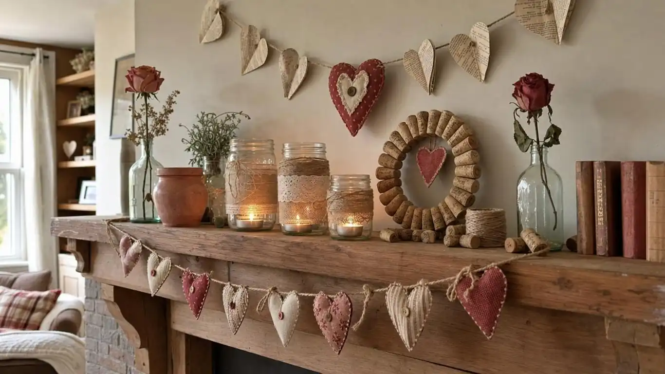Upcycled Valentines Day decorations on a mantel with jar lanterns, book-page garland, and a cork heart wreath