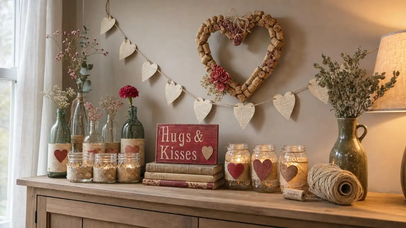 Cozy upcycled Valentine's decor with grouped jars, garlands, and a cork wreath in dusty rose and cream