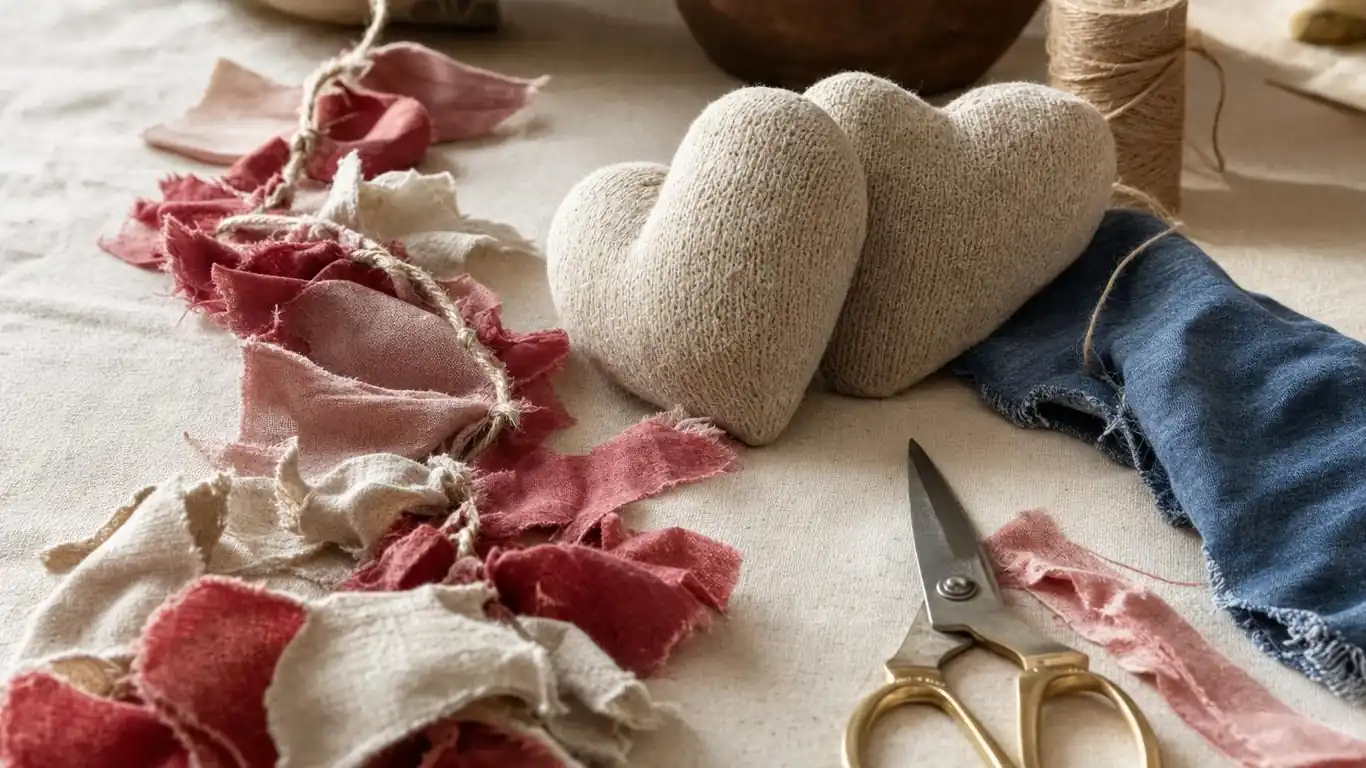 No-sew fabric scrap heart garland and knit sweater heart pillows in dusty rose and cream