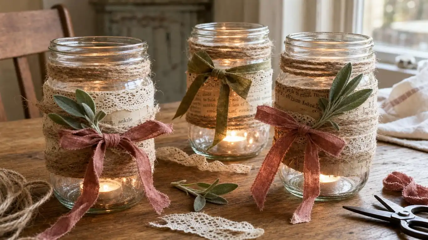 Mason jars wrapped in twine and lace holding tea lights as upcycled Valentine's candle lanterns