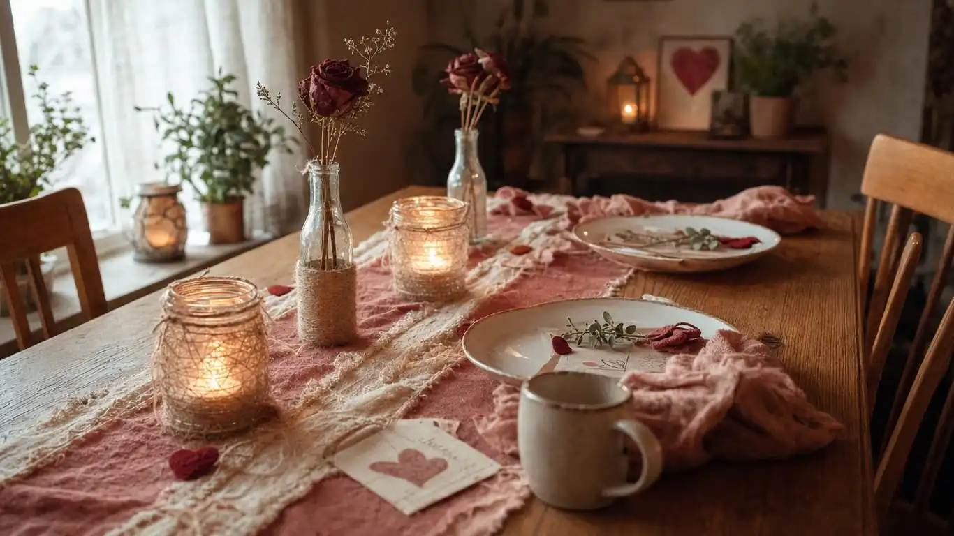 Romantic Valentine's table styled with upcycled jar vases and bottle bud vases in a tight palette