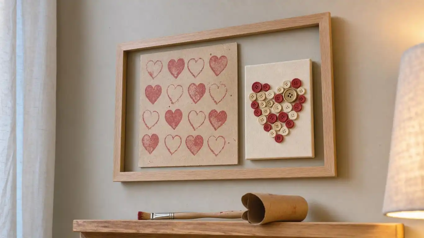 Upcycled Valentines Day decorations wall display with stamped heart art and button heart canvas