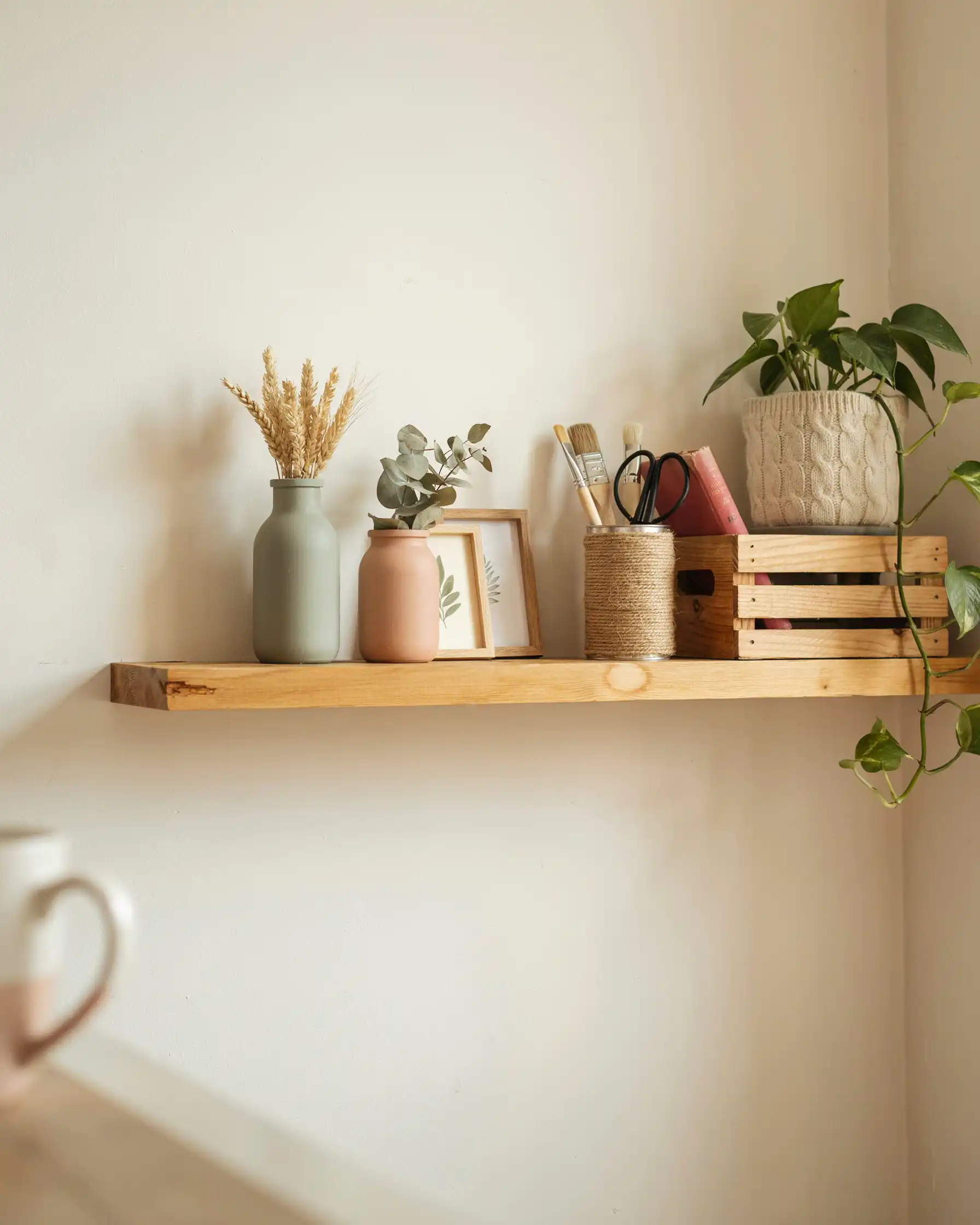 Styled shelf of upcycled jars, cans, and crates in a tight sage and cream palette looking bought