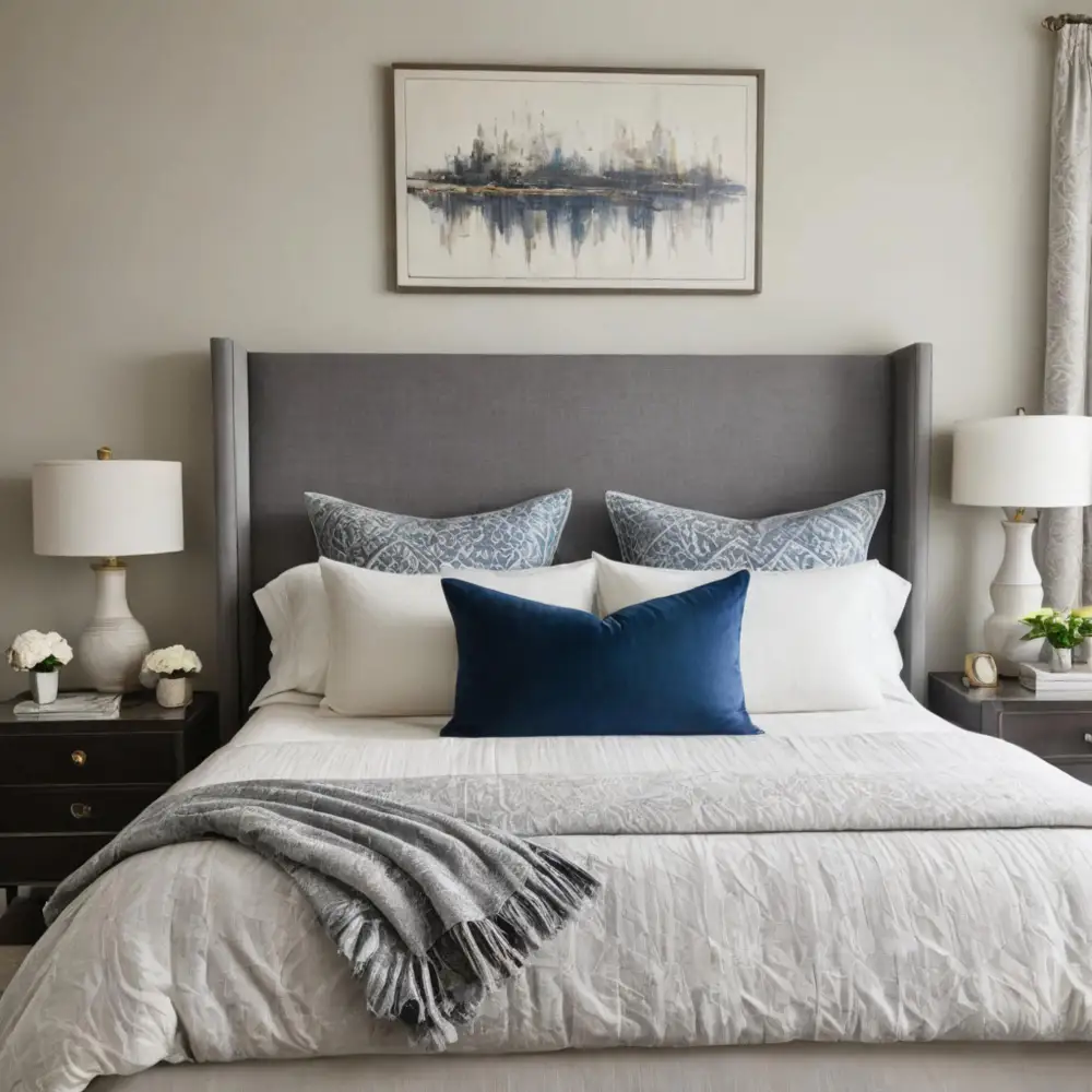 Tall cream linen upholstered headboard setting the vertical scale above a queen bed in a bright bedroom