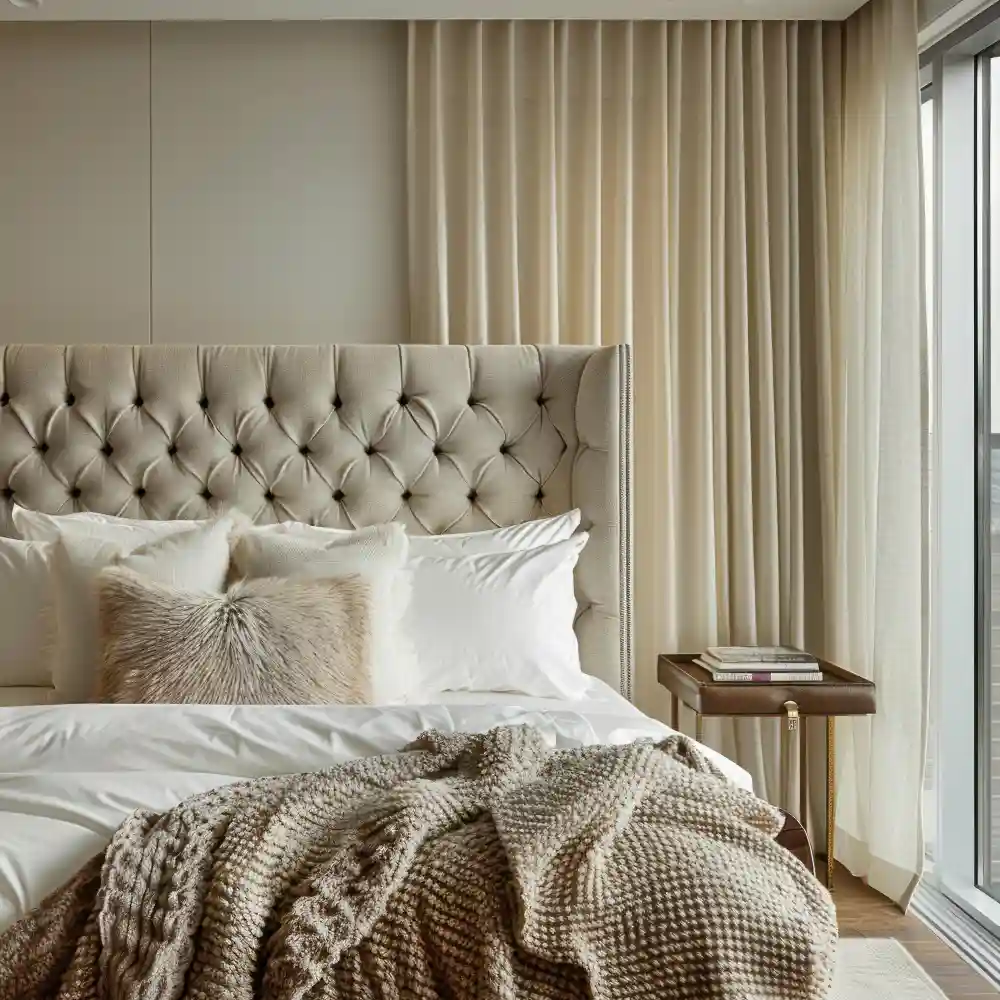 Tall oatmeal linen upholstered headboard as a soft focal point in a warm beige bedroom