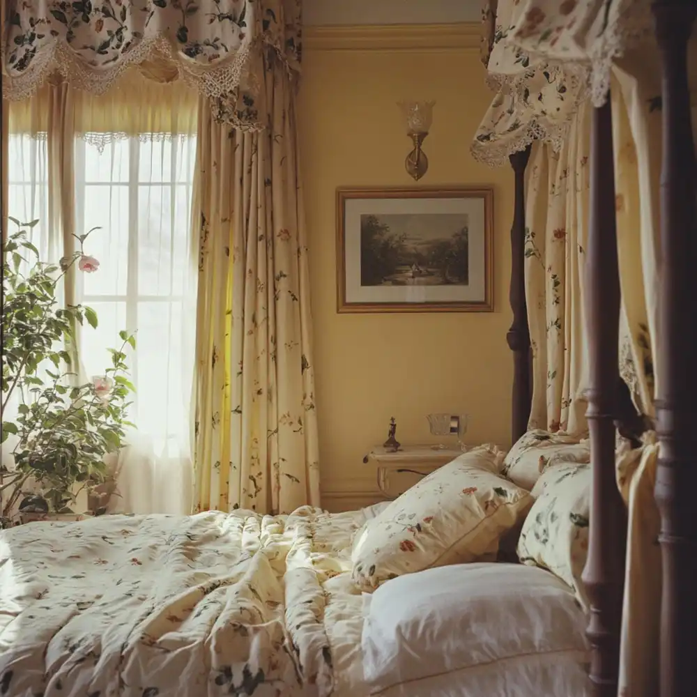 Ceiling-height warm cream linen drapes hanging in a fall bedroom with amber lamp and natural wooden furniture