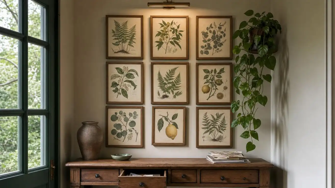 Nine-frame grid of vintage botanical prints in matching oak frames over a console table