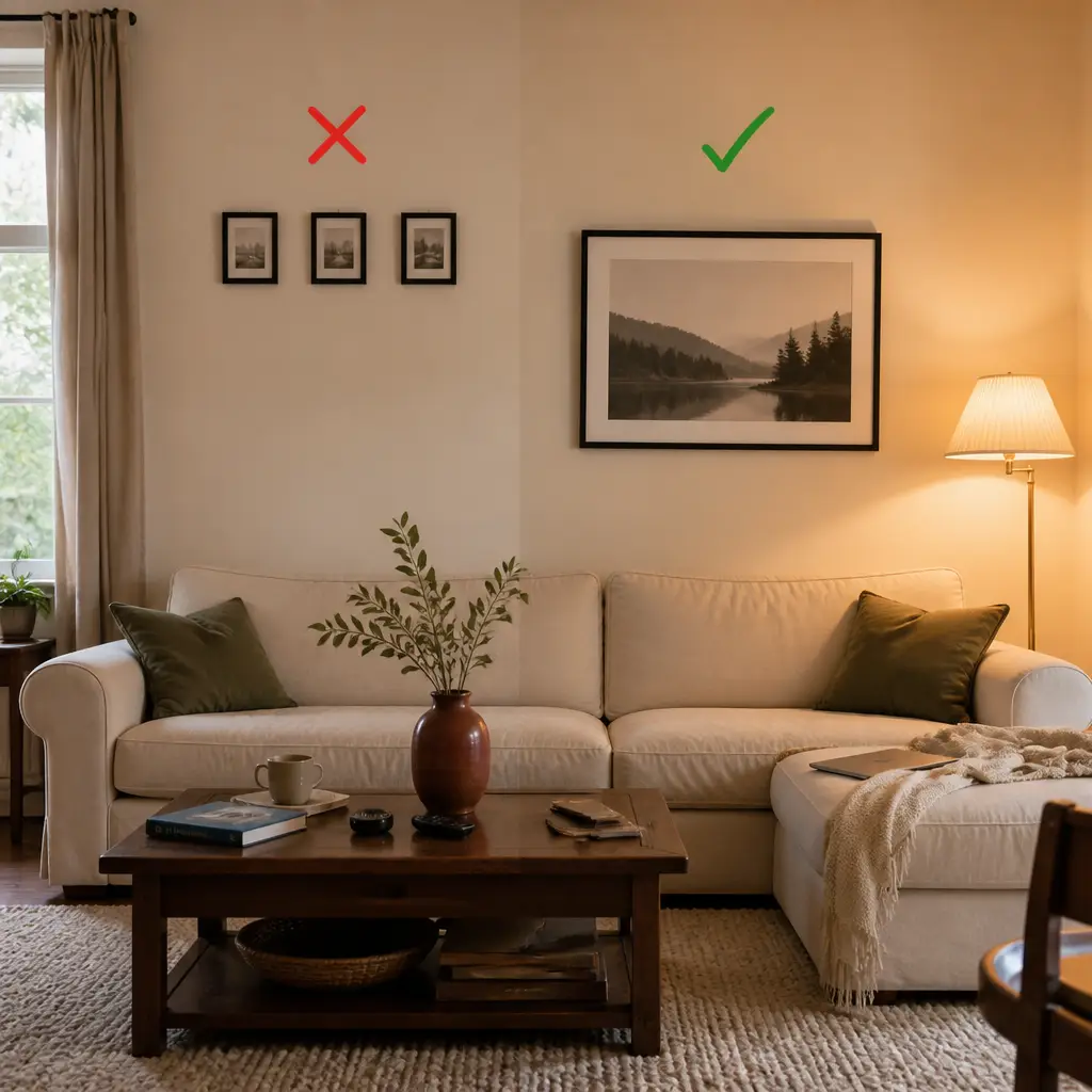 Living room wall comparison showing tiny art beside a better scaled sofa wall